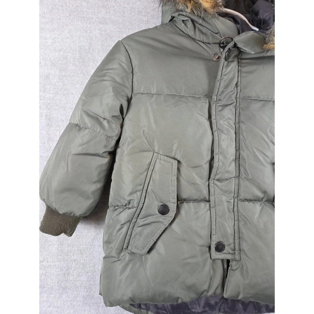 Zara Boys 12-18 Months Down Puffer Coat Jacket Faux‎ Fur Hood Parka Olive Green